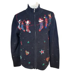 Pappagallo Christmas Cardigan Sz. M Full Zip High Collar Ugly Christmas Sweater
